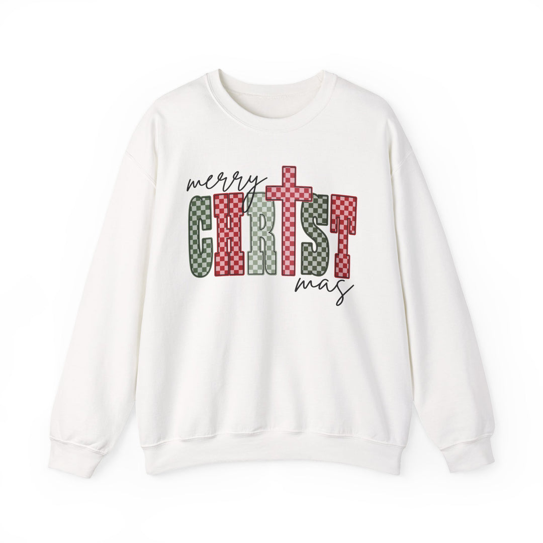 White long-sleeve crewneck sweatshirt featuring a festive “Merry Christmas” design with CHRIST in checkerboard letters, ideal for cozy wear during colder months.