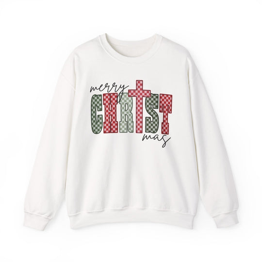 White long-sleeve crewneck sweatshirt featuring a festive “Merry Christmas” design with CHRIST in checkerboard letters, ideal for cozy wear during colder months.