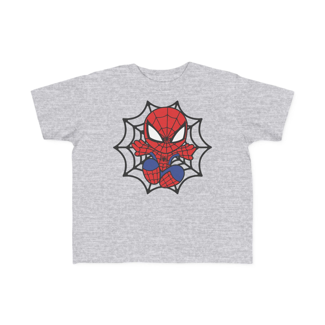 Spider Kid Toddler Tee featuring a chibi Spider-Man in a red-and-blue costume crouching on a gray short-sleeved shirt, perfect for toddlers.