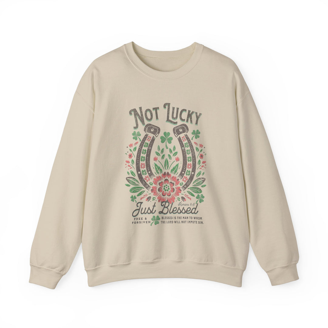 Blessed Crew sweatshirt featuring a horseshoe and floral design, made from a comfortable polyester-cotton blend with a ribbed collar and no side seams.