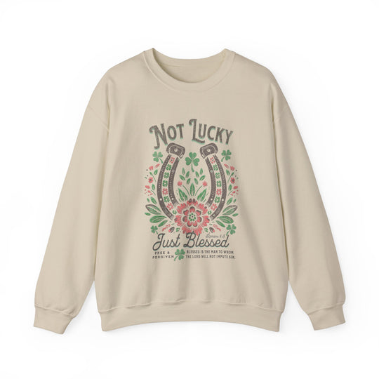Blessed Crew sweatshirt featuring a horseshoe and floral design, made from a comfortable polyester-cotton blend with a ribbed collar and no side seams.