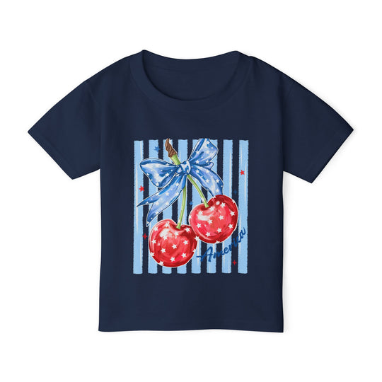 American Cherry Toddler Tee features a patriotic cherry design with tied stems on light-blue stripes, adding style and comfort with eco-friendly, soft cotton.