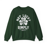 Not Lucky Crew sweatshirt featuring a four-leaf clover design, made from a comfortable polyester-cotton blend, ideal for casual wear.