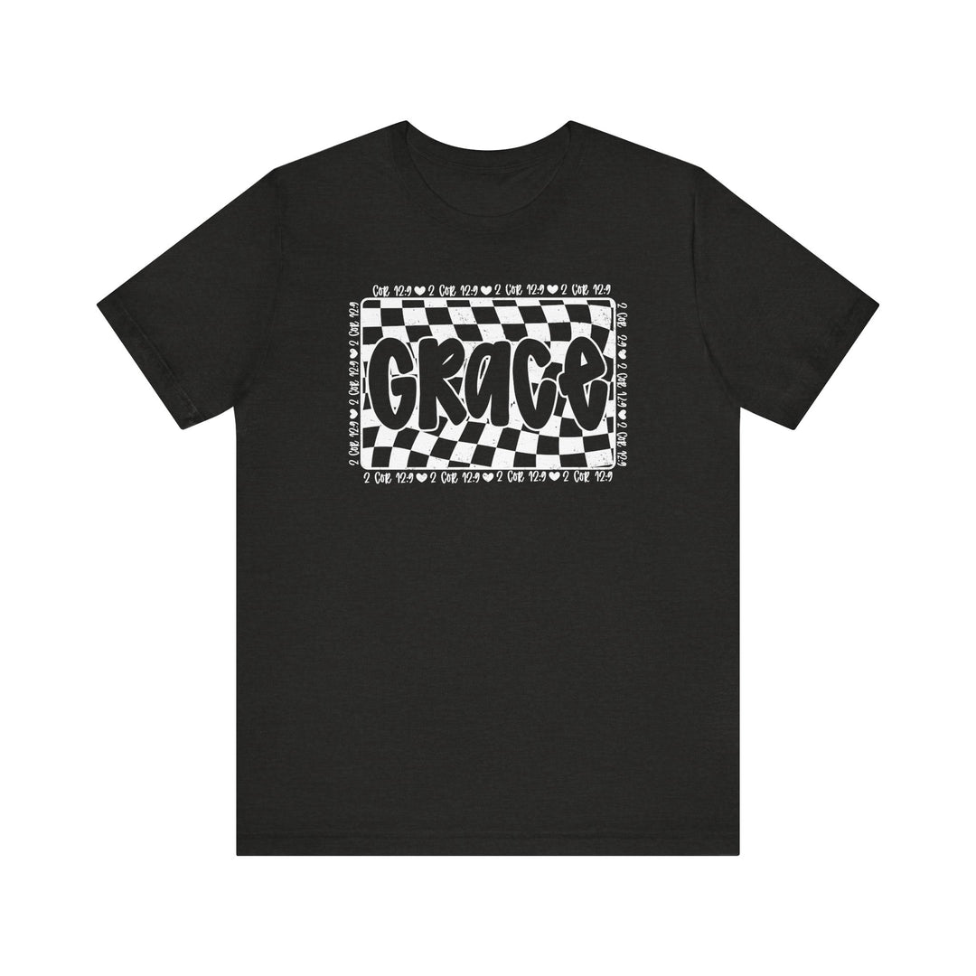 Grace Tee: Black t-shirt with bold white text, featuring ribbed knit collars and dual side seams for durability, exemplifying a classic, well-loved unisex design.