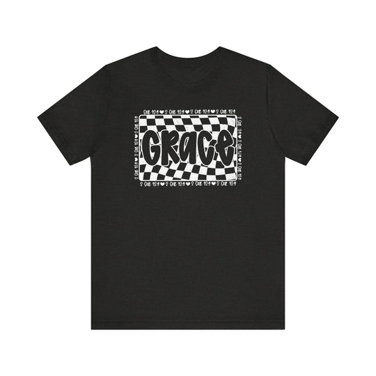 Grace Tee: Black t-shirt with bold white text, featuring ribbed knit collars and dual side seams for durability, exemplifying a classic, well-loved unisex design.