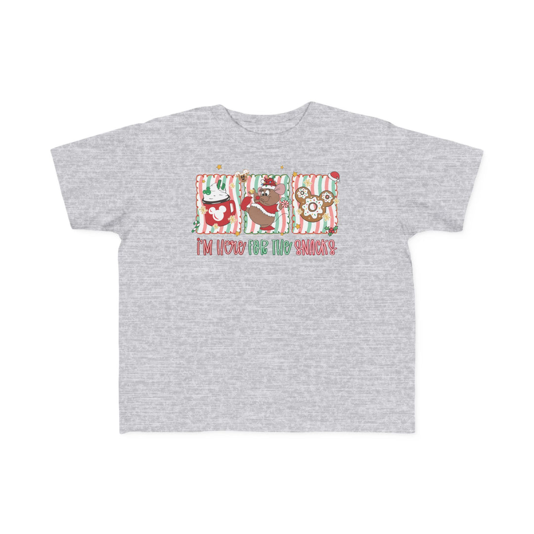 Here for the Snacks Toddler Tee featuring festive holiday-themed panels with a mug, cartoon animal, and Mickey-shaped donut, perfect for toddlers’ sensitive skin.