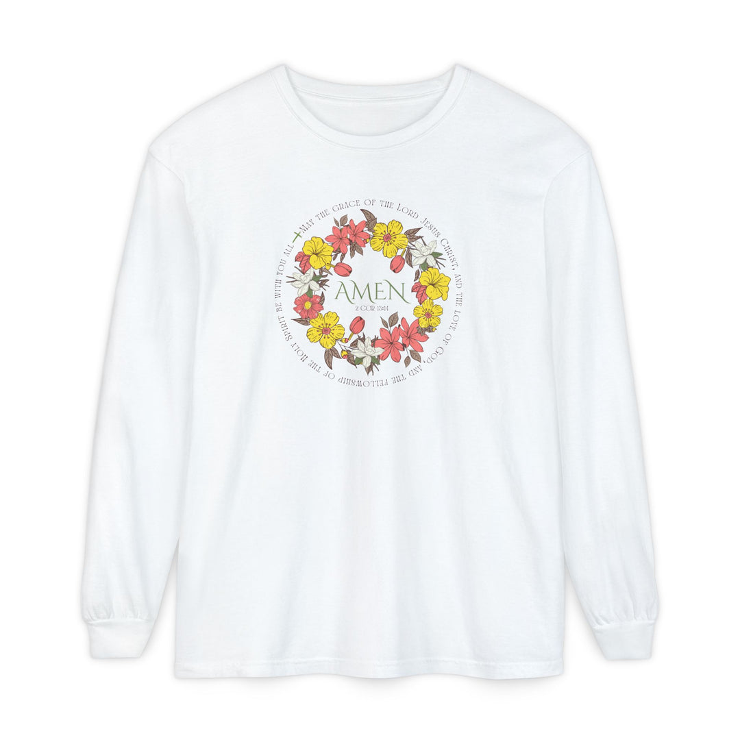 Amen Long Sleeve Tee with floral wreath and 2 Cor 13:14 text, crafted from soft ring-spun cotton for a comfortable, casual fit.
