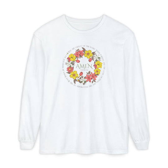 Amen Long Sleeve Tee with floral wreath and 2 Cor 13:14 text, crafted from soft ring-spun cotton for a comfortable, casual fit.