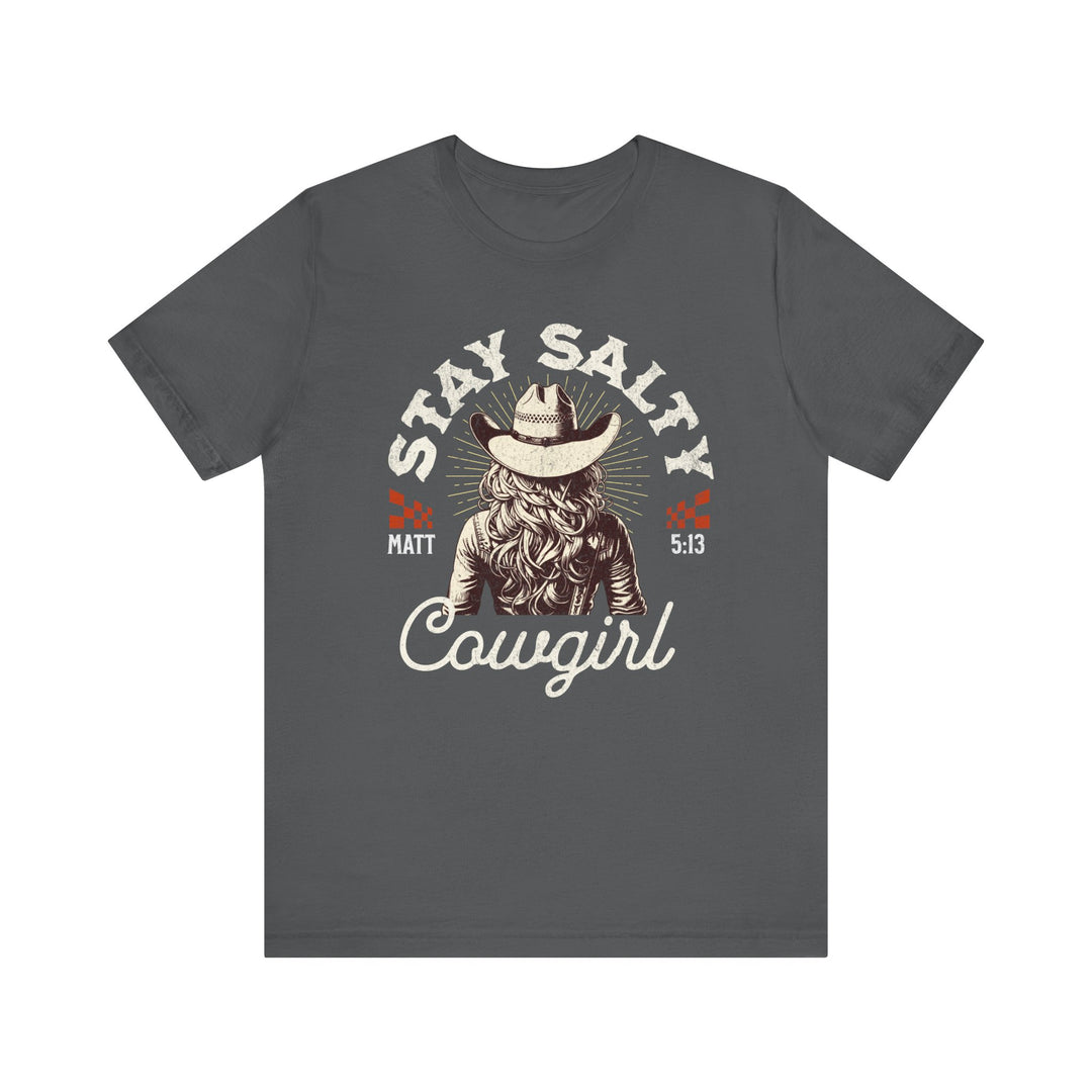 Stay Salty Tee: Grey t-shirt featuring a cowboy hat graphic, perfect for casual wear with its soft cotton feel and classic fit.
