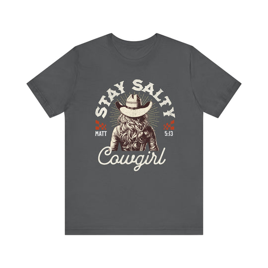 Stay Salty Tee: Grey t-shirt featuring a cowboy hat graphic, perfect for casual wear with its soft cotton feel and classic fit.