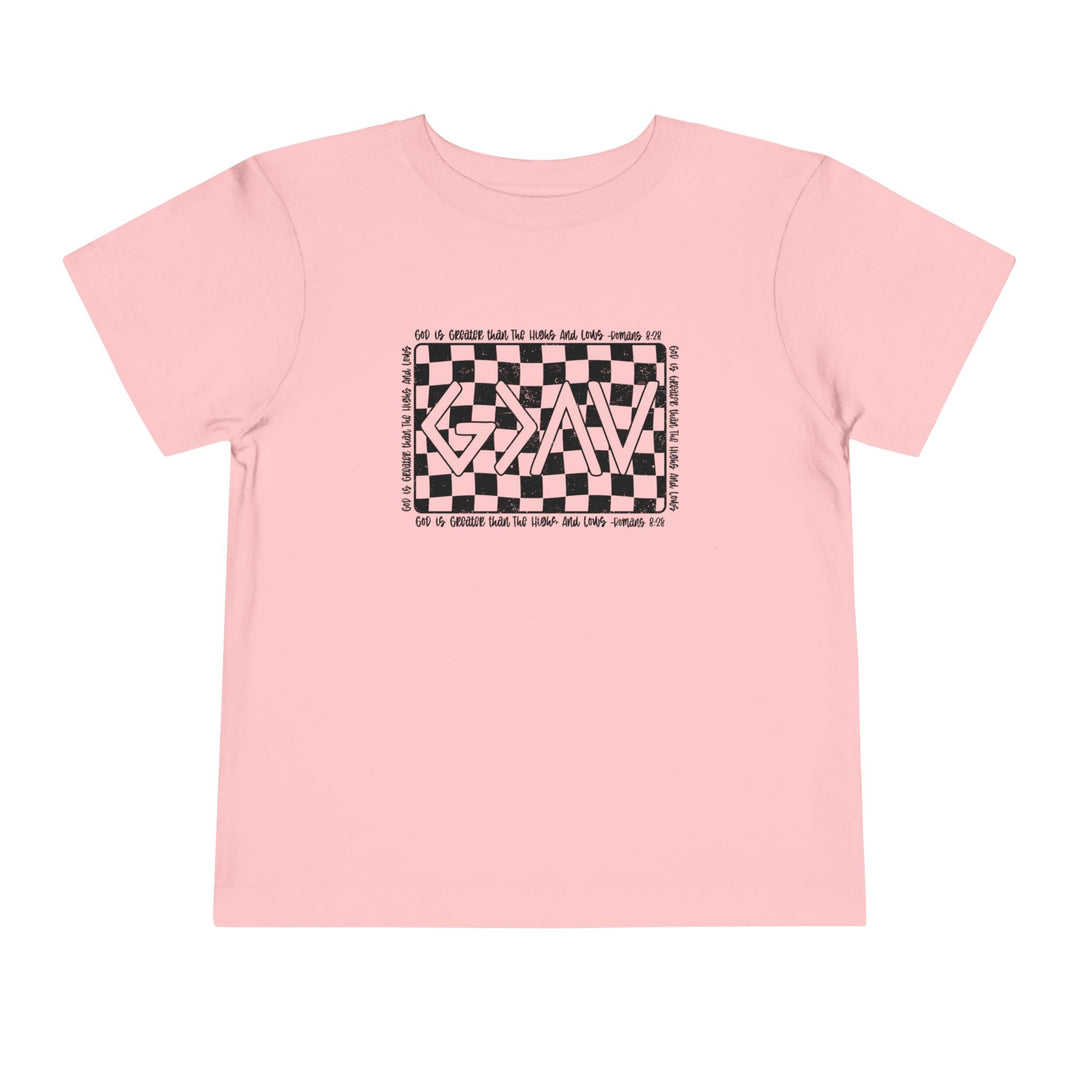 Gods Highs and Lows Toddler Tee features a pink shirt with a black and white checkered design, made from 100% Airlume cotton for comfort.