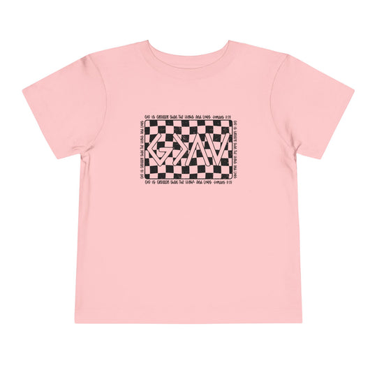 Gods Highs and Lows Toddler Tee features a pink shirt with a black and white checkered design, made from 100% Airlume cotton for comfort.