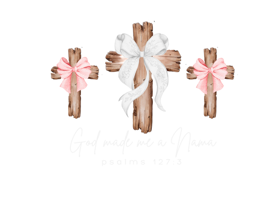 God Made Me a Mama tee features three wooden crosses with ribbons and scripture, offering a cozy, durable design in 100% ring-spun cotton.
