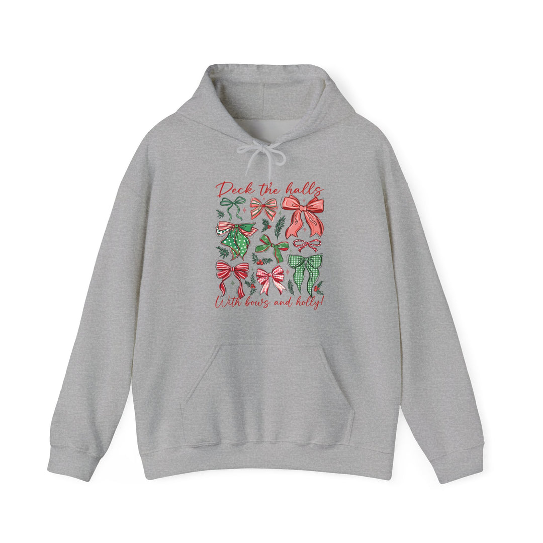 Deck the Halls Hoodie featuring colorful Christmas bows and holly graphic, with a front kangaroo pocket and drawstring hood for cozy winter wear.