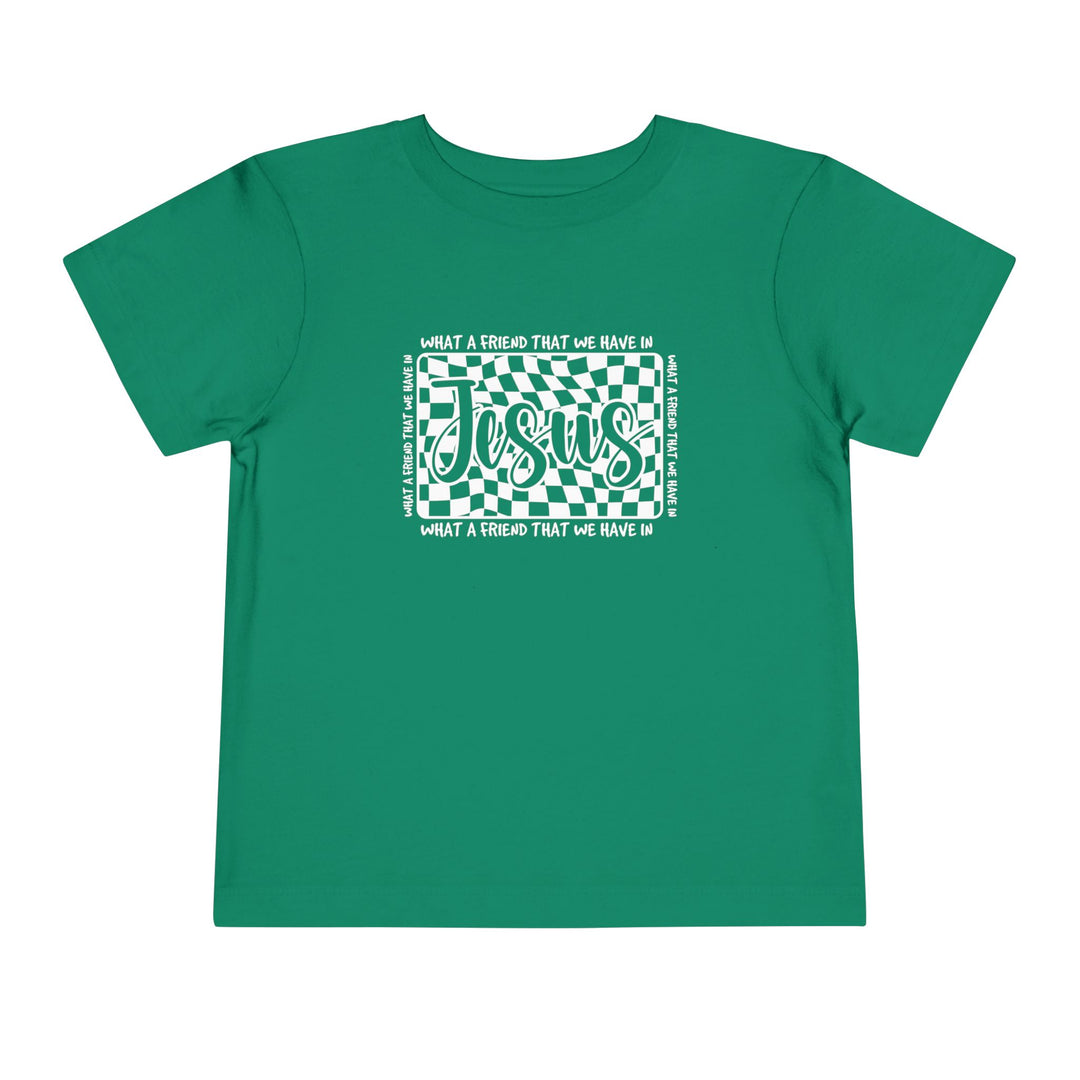 What a Friend We Have in Jesus Toddler Tee: A soft, 100% cotton short sleeve t-shirt with a tear-away label, designed for everyday toddler comfort.