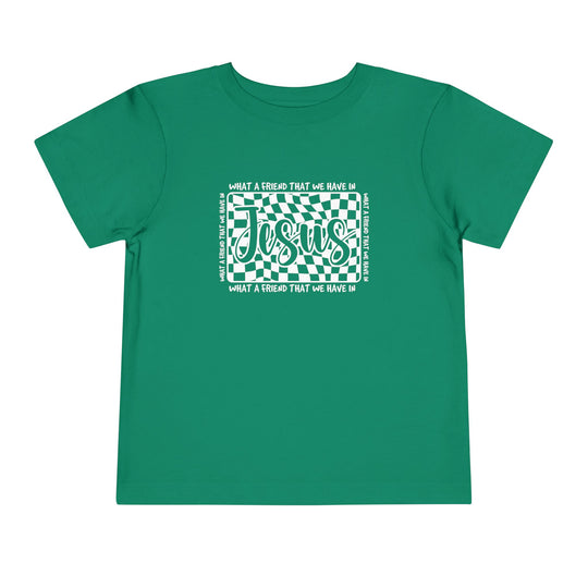 What a Friend We Have in Jesus Toddler Tee: A soft, 100% cotton short sleeve t-shirt with a tear-away label, designed for everyday toddler comfort.
