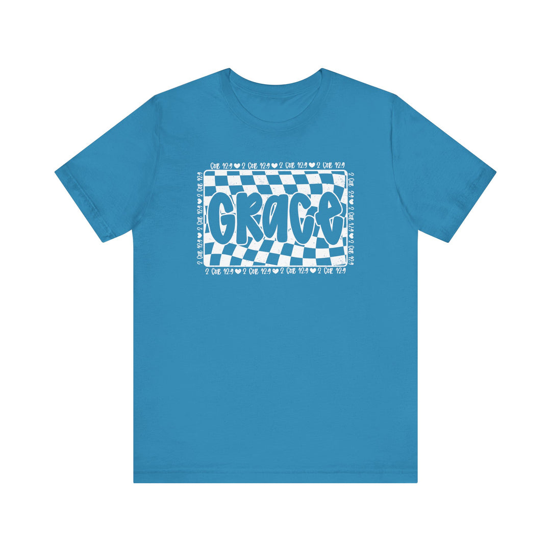 Grace Tee: A comfortable blue t-shirt featuring white text, crafted from soft cotton with ribbed knit collars and dual side seams for lasting shape.