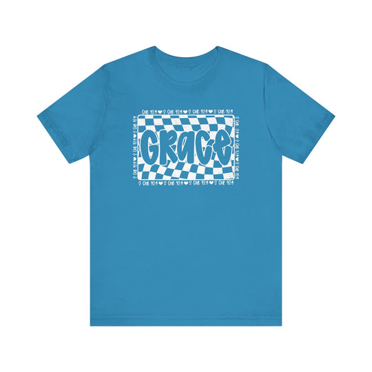Grace Tee: A comfortable blue t-shirt featuring white text, crafted from soft cotton with ribbed knit collars and dual side seams for lasting shape.