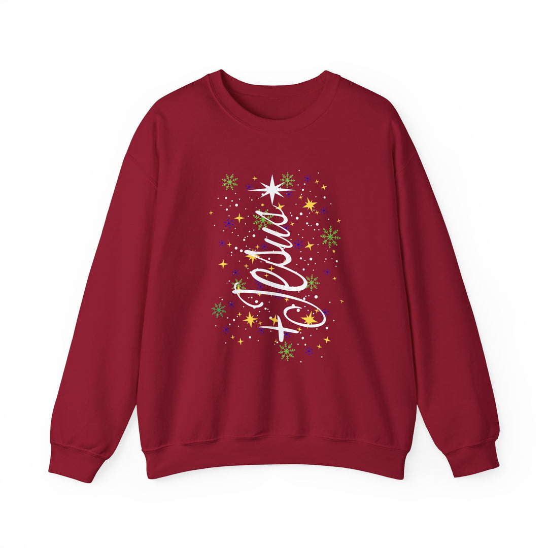 Jesus Tree Crew sweatshirt with festive Festivus tree graphic, snowflakes, and stars, offering cozy comfort and durability in a red, long-sleeved design.