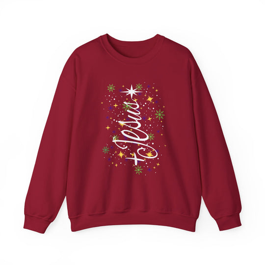 Jesus Tree Crew sweatshirt with festive Festivus tree graphic, snowflakes, and stars, offering cozy comfort and durability in a red, long-sleeved design.