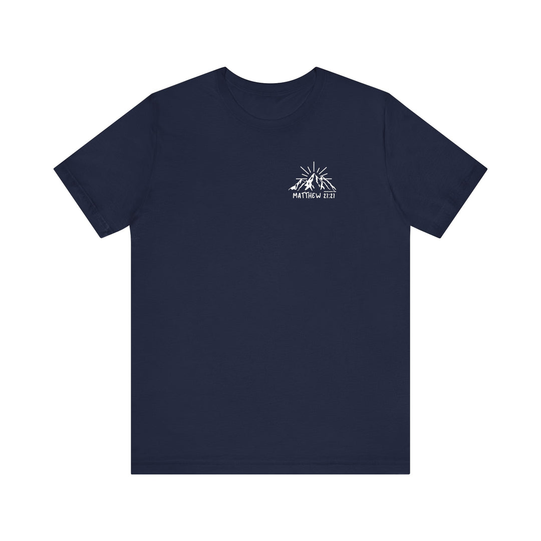 A blue t-shirt featuring a logo with mountains and sun, embodying the title Faith Can Move Mountains Tee from Worlds Worst Tees. Unisex jersey tee made of 100% Airlume combed cotton, with ribbed knit collars and tear away label.