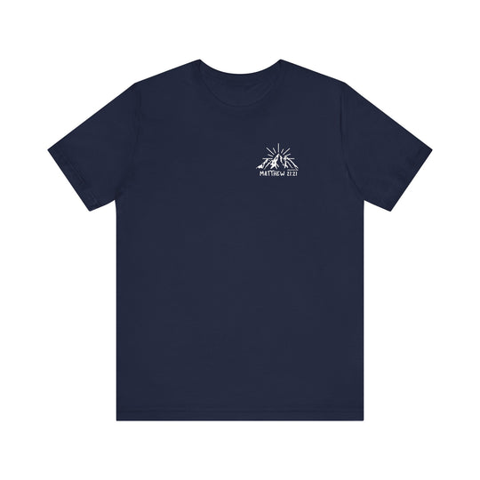 A blue t-shirt featuring a logo with mountains and sun, embodying the title Faith Can Move Mountains Tee from Worlds Worst Tees. Unisex jersey tee made of 100% Airlume combed cotton, with ribbed knit collars and tear away label.