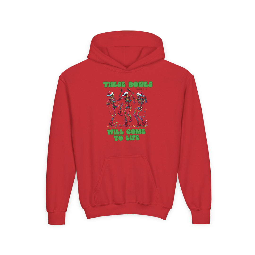 Bones Come to Life Youth Hoodie featuring three dancing skeletons in Santa hats with Christmas lights, ultra-soft preshrunk fleece, kangaroo pocket, reinforced neck, perfect for festive fun.
