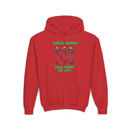 Bones Come to Life Youth Hoodie featuring three dancing skeletons in Santa hats with Christmas lights, ultra-soft preshrunk fleece, kangaroo pocket, reinforced neck, perfect for festive fun.