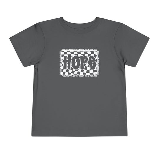 Hope Toddler Tee: Grey t-shirt with a black and white design, made from soft Airlume cotton, perfect for daily wear by toddlers.