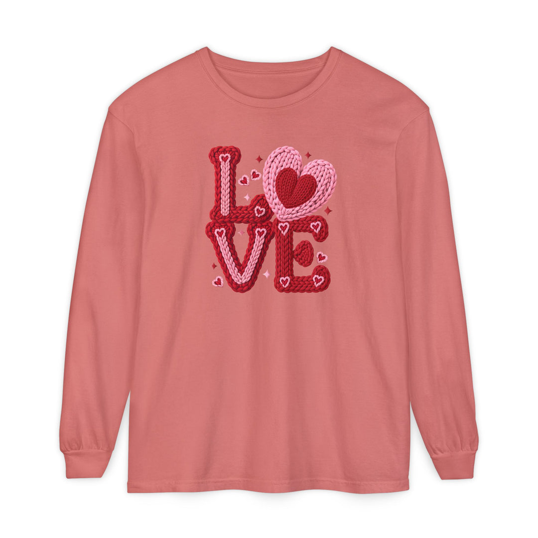 Love Heart Long Sleeve Tee in muted coral, featuring LOVE with heart motifs. Crafted from 100% ring-spun cotton for a soft, relaxed fit.