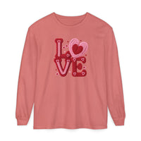 Love Heart Long Sleeve Tee in muted coral, featuring LOVE with heart motifs. Crafted from 100% ring-spun cotton for a soft, relaxed fit.