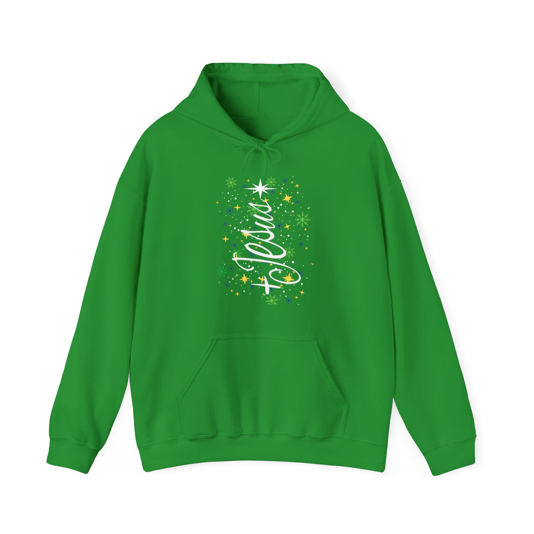 Bright green Jesus Tree Hoodie with a white star, script lettering, snowflakes, and sparkles; features a hood, kangaroo pocket, and color-matched drawstring.