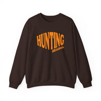 Dark brown crewneck sweatshirt with HUNTING SEASON in bold orange font, combining style and comfort with a classic fit and durable stitching.