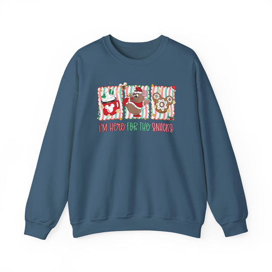 Here for the Snacks Crew: Teal-blue sweatshirt with festive snack graphics and holiday phrase, offering cozy comfort with a durable, classic fit.