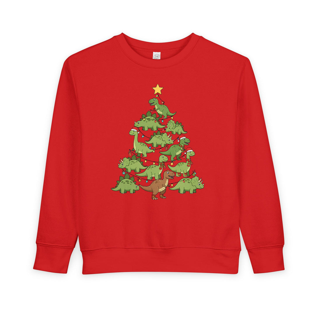 Dino Tree Toddler Crew: Red sweatshirt with a festive dinosaur stack design resembling a Christmas tree, featuring T. rex, triceratops, and stegosaurus with lights and ornaments.