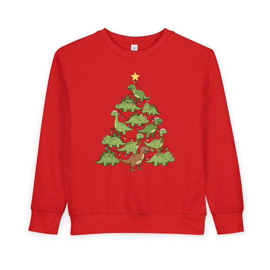 Dino Tree Toddler Crew: Red sweatshirt with a festive dinosaur stack design resembling a Christmas tree, featuring T. rex, triceratops, and stegosaurus with lights and ornaments.