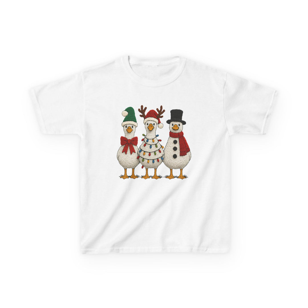 Christmas Geese Kids Tee featuring cartoon geese in festive attire: Santa goose, antlered goose with lights, and snowman goose. Ideal for everyday wear.