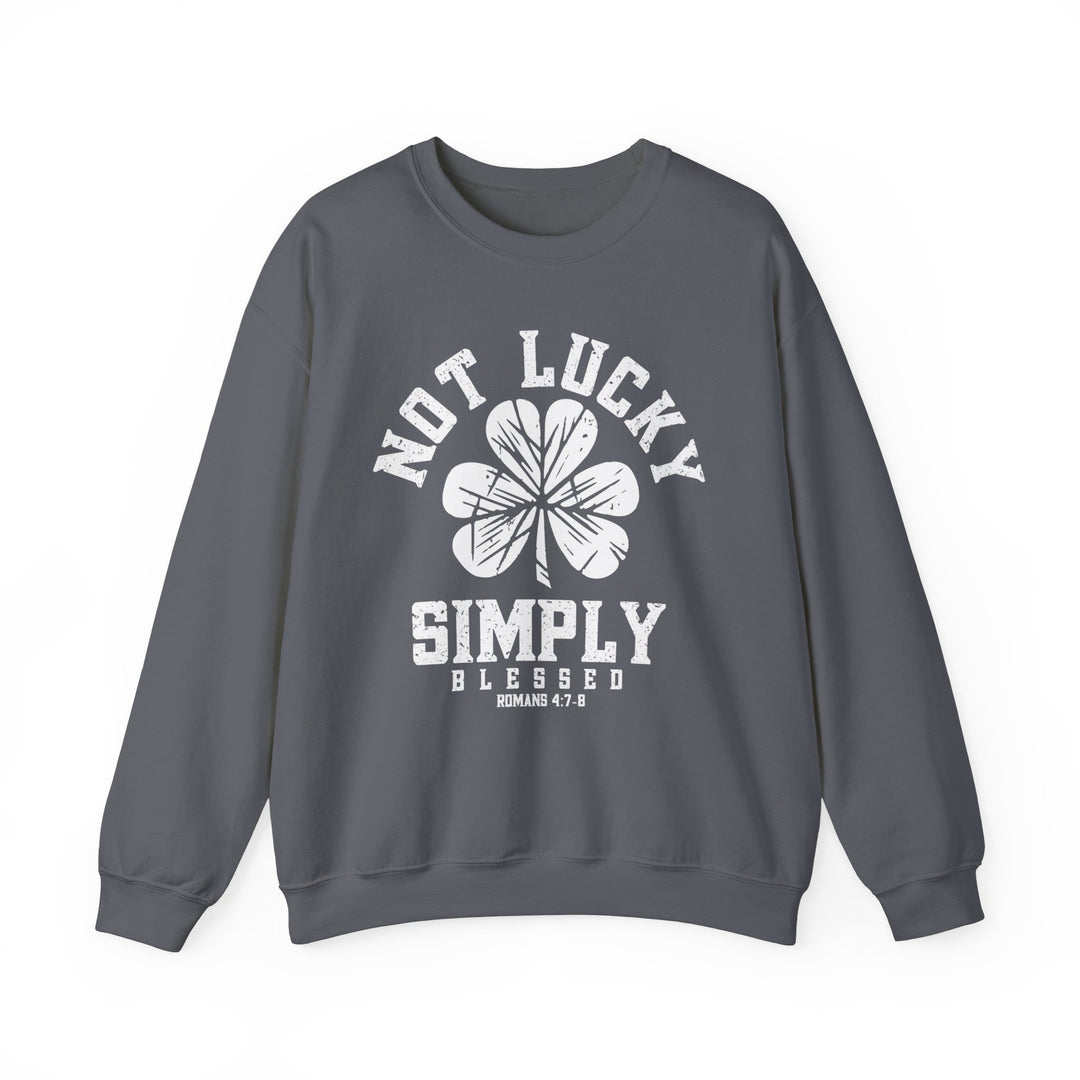 Not Lucky Crew: Grey crewneck sweatshirt featuring a four-leaf clover design, made from a comfortable polyester-cotton blend, ideal for casual wear.