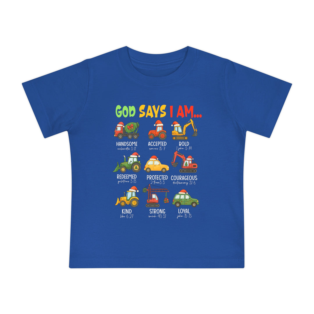 God Says Christmas Truck Baby Tee features festive trucks with Bible verses and positive affirmations, offering a soft, durable, and shrink-resistant fit for babies.