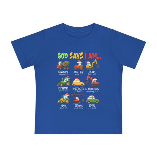 God Says Christmas Truck Baby Tee features festive trucks with Bible verses and positive affirmations, offering a soft, durable, and shrink-resistant fit for babies.