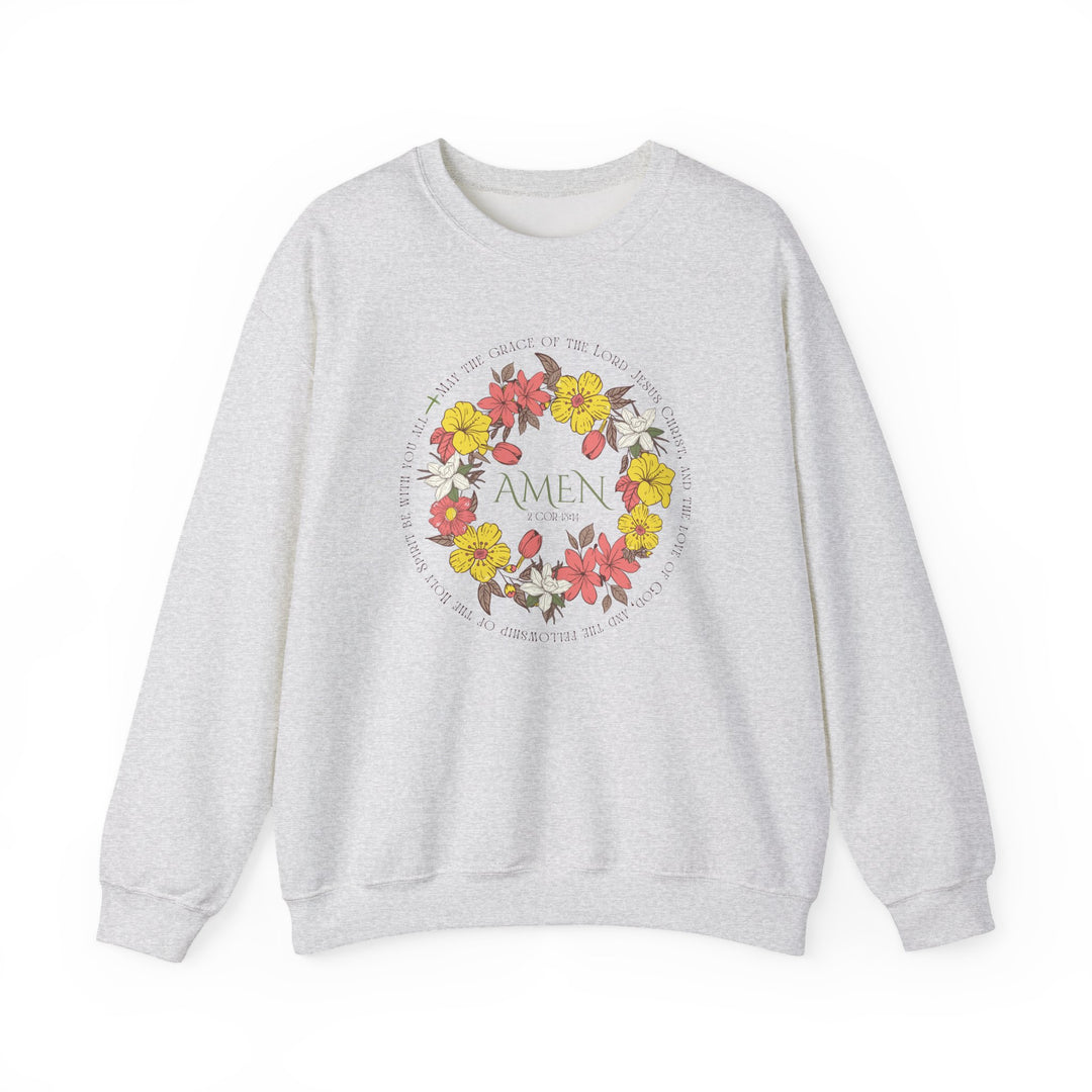 Amen Crew unisex heavy blend crewneck sweatshirt showcasing a subtle flower motif, offering comfort with its medium-heavy fabric blend. Ideal for colder months, featuring durable double-needle stitching.