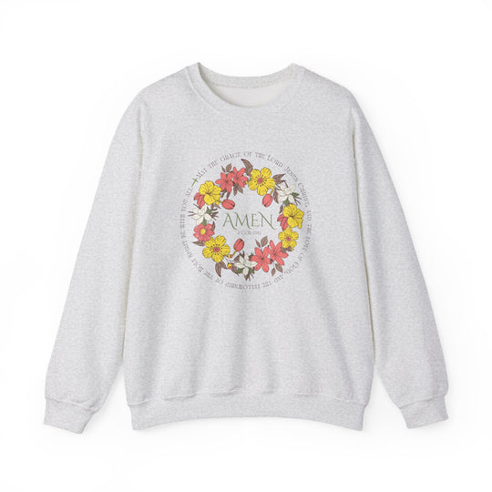 Amen Crew unisex heavy blend crewneck sweatshirt showcasing a subtle flower motif, offering comfort with its medium-heavy fabric blend. Ideal for colder months, featuring durable double-needle stitching.