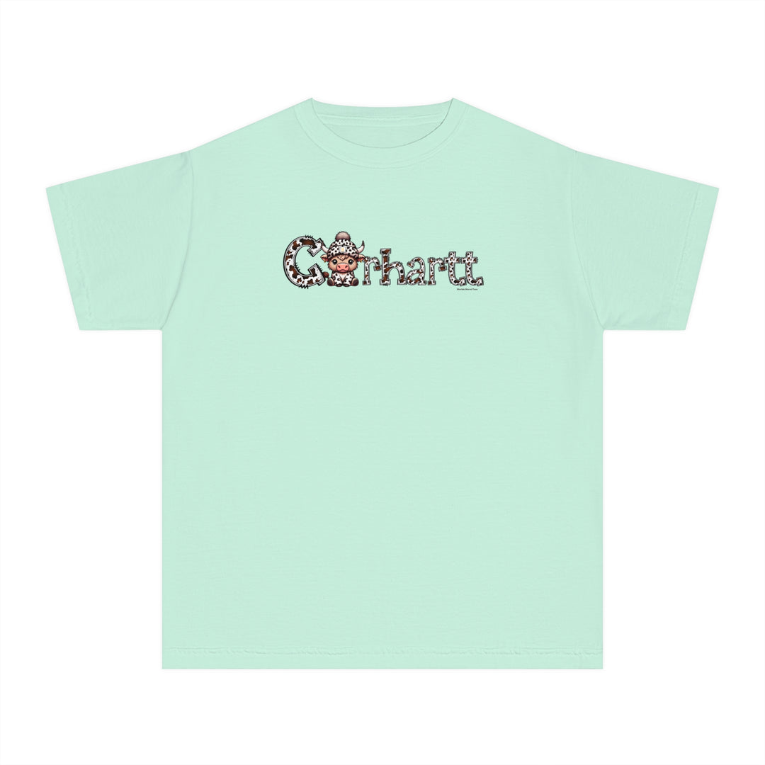 A light blue kids' tee featuring a cartoon cow with a hat, tailored for active days. Crafted from 100% combed ringspun cotton for comfort and agility. Classic fit for all-day wear.
