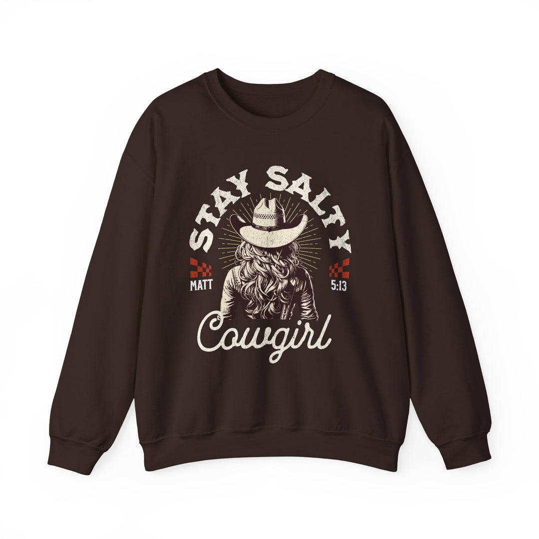 Stay Salty Crew brown sweatshirt featuring a cowboy hat graphic and a woman's image, ideal for casual wear, crafted from a comfortable polyester-cotton blend.