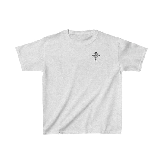 Child of God Kids Tee: A white t-shirt with a cross design. 100% cotton, light fabric, classic fit. Ideal for everyday wear. No side seams, twill tape shoulders, ribbed collar.