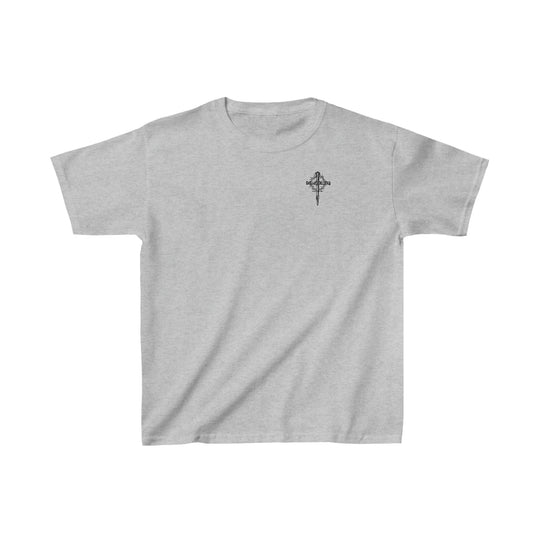 Child of God Kids Tee: A white t-shirt featuring a black cross, perfect for everyday wear. Made of 100% cotton, with twill tape shoulders and a curl-resistant collar. Classic fit, ideal for printing.