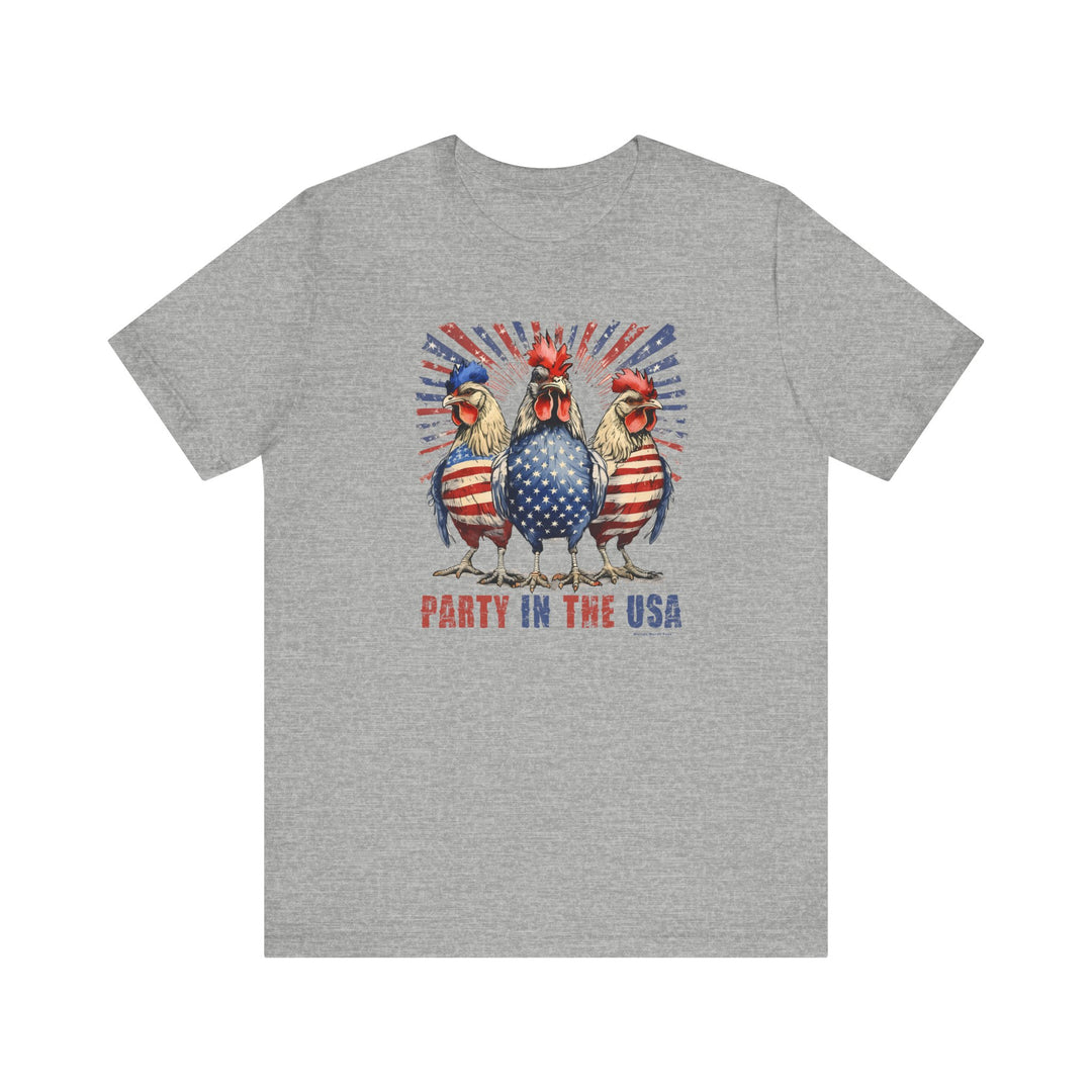 A Party In the USA Tee featuring a grey t-shirt with a red, white, and blue rooster design. Unisex jersey tee with ribbed knit collars, taping on shoulders, and 100% Airlume combed cotton.