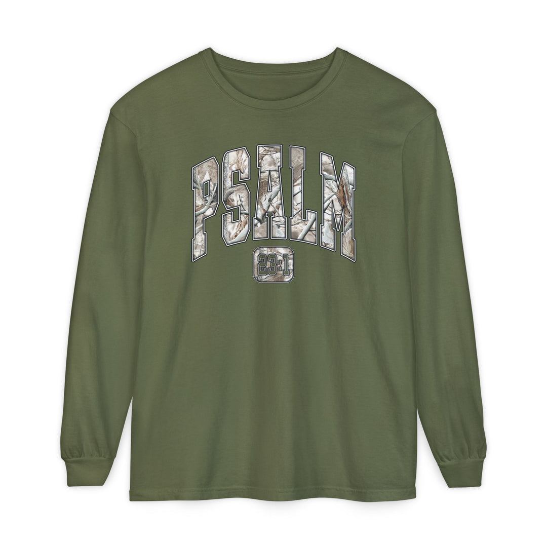 Olive-green long-sleeve tee with PSALM in camouflage print and 23:1 emblem. Made of 100% ring-spun cotton for comfort.