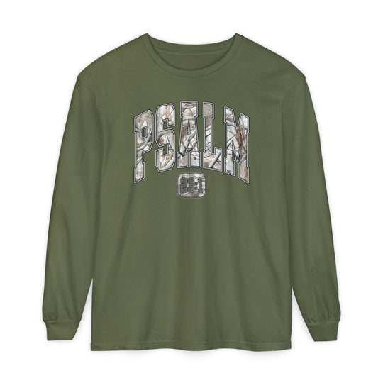 Olive-green long-sleeve tee with PSALM in camouflage print and 23:1 emblem. Made of 100% ring-spun cotton for comfort.
