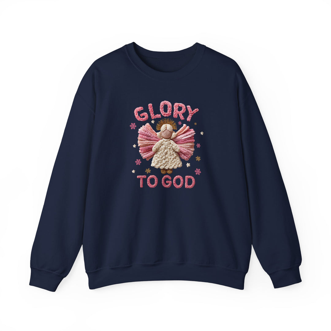 Navy-blue Glory to God Crew sweatshirt with a knitted-yarn angel graphic, pink wings, halo, stars, and yarn-style lettering. Comfortable, durable cotton-polyester blend.
